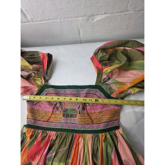 Farm Rio Mini Dress Beaded Garden Puff Sleeves Tiered Sz S Beach Festival Colorf - Picture 9 of 12